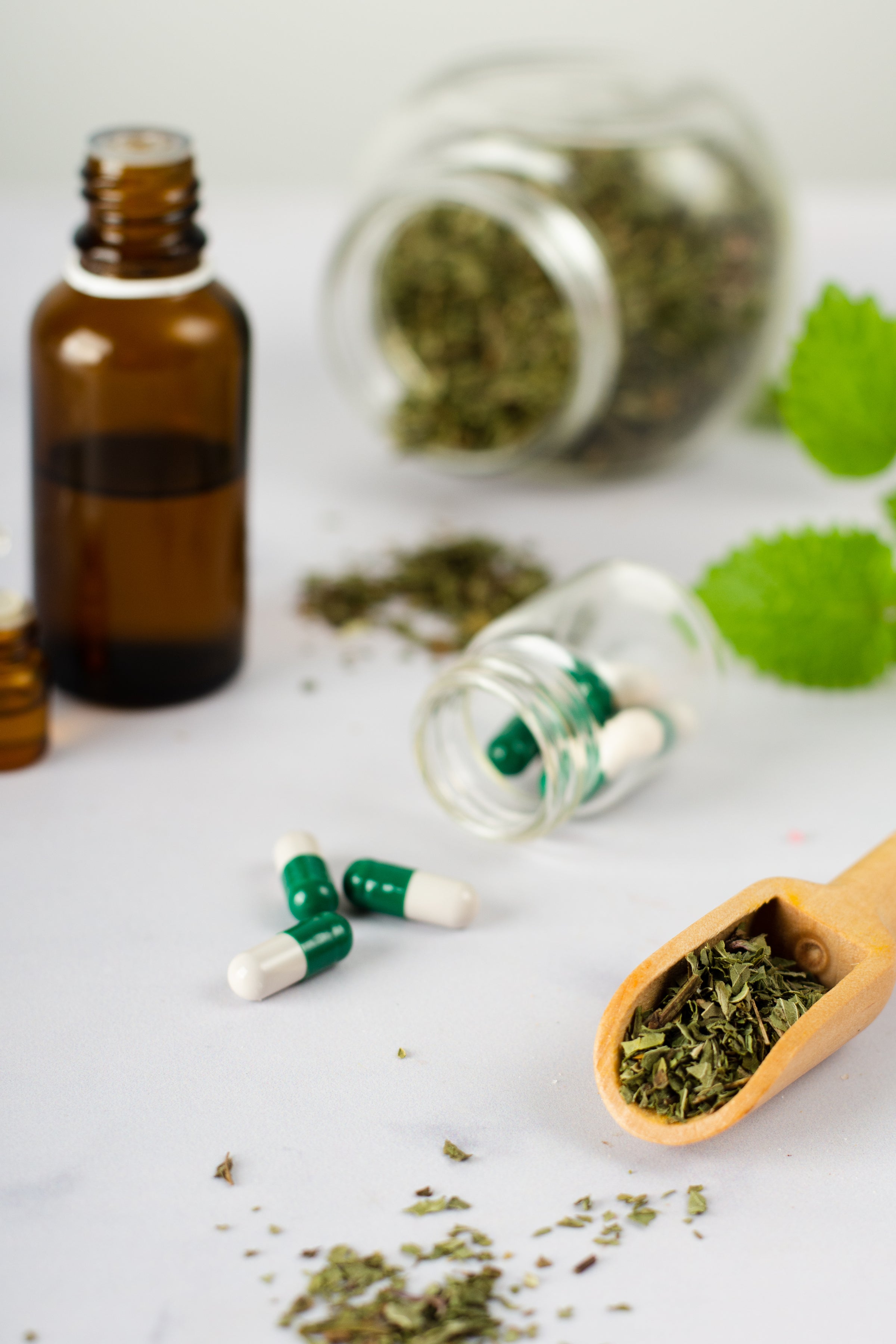 Various herbal supplements and dried herbs are displayed, including capsules, dried leaves, and a brown bottle, set against a white background.