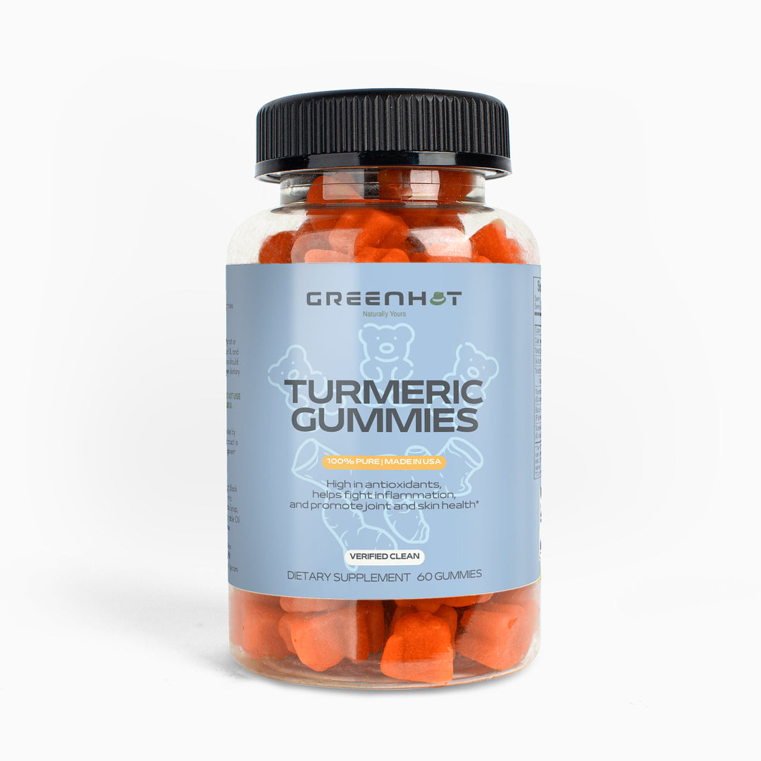 A bottle of GreenHat's Turmeric Gummies - Immunity Accelerator, with a black lid, featuring orange bear-shaped treats. The label emphasizes curcumin's antioxidant properties and health benefits.