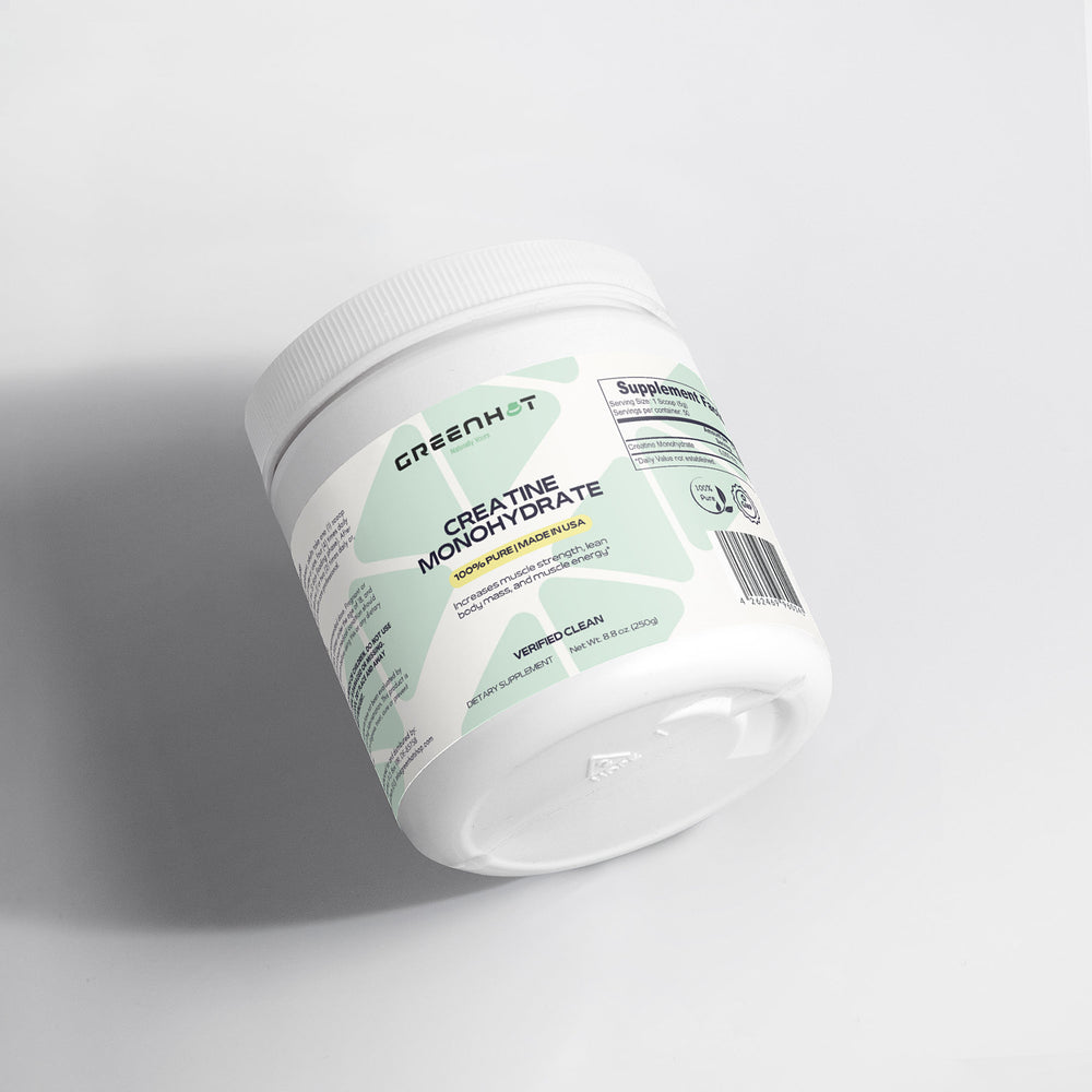A white container labeled "Creatine Monohydrate - Enhance Strength & Performance" by GreenHat features green accents, supplement facts, and certifications to support muscle protein synthesis and boost athletic performance.