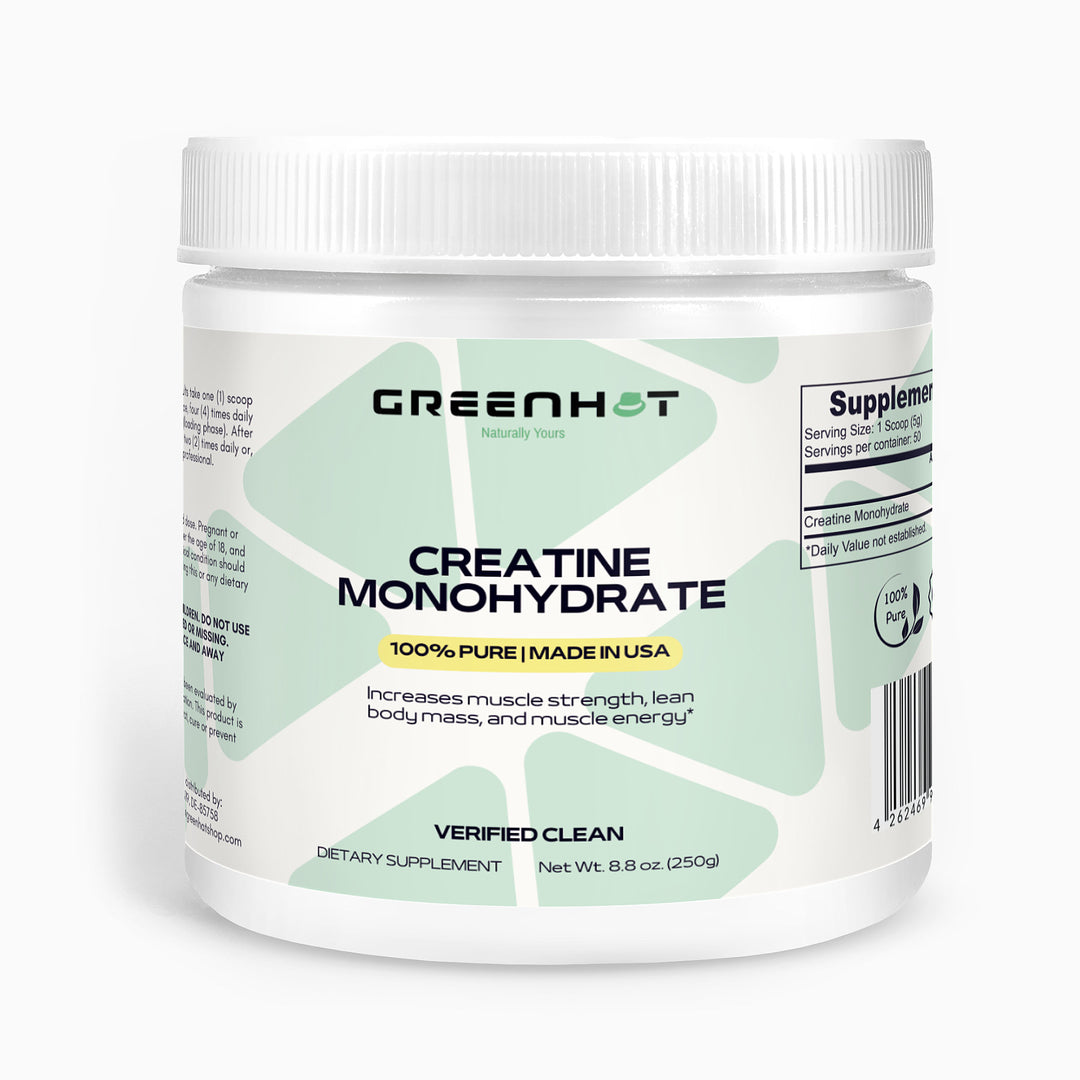 GreenHat's 250g white container of "Creatine Monohydrate - Enhance Strength & Performance" provides 100% pure creatine to boost athletic performance. It claims to increase muscle strength, lean mass, and energy while aiding protein synthesis, proudly made in the USA.