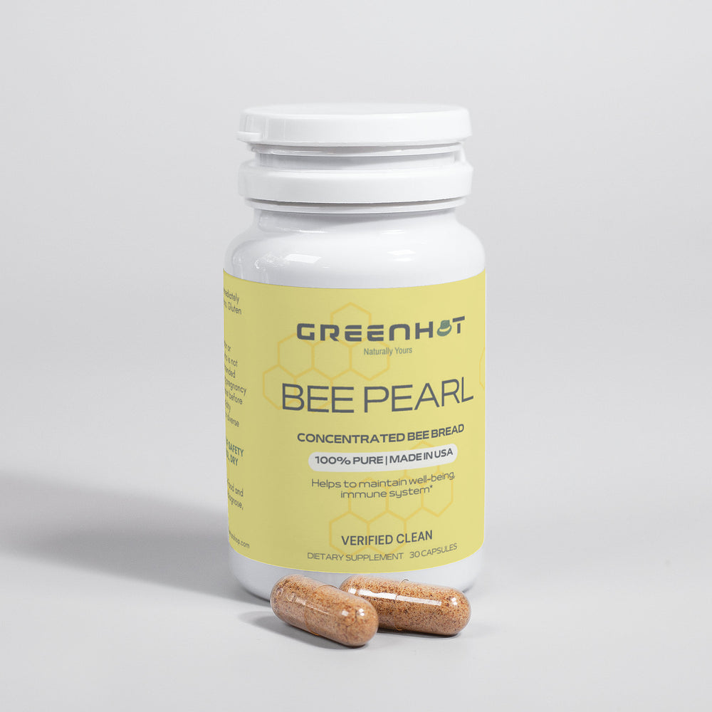A "Bee Pearl - Nature's Nutrient-Rich Superfood" bottle by GreenHat is shown with two capsules next to it. Containing 30 capsules, this 100% pure product promises immune support and is made in the USA.