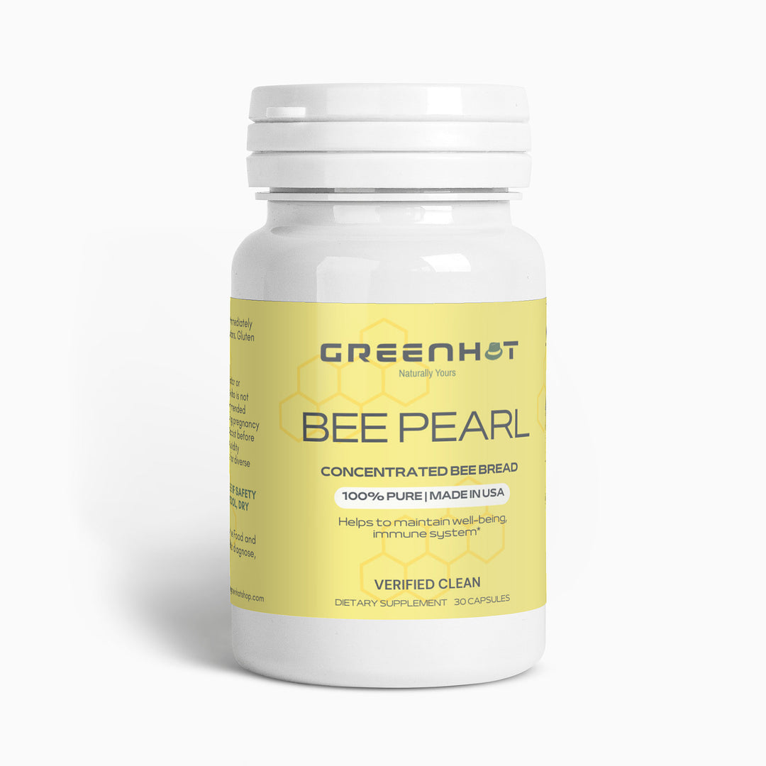 The USA-made GreenHat Bee Pearl, a white bottle labeled "Nature's Nutrient-Rich Superfood," contains 30 capsules of all-natural concentrated bee bread to support the immune system.