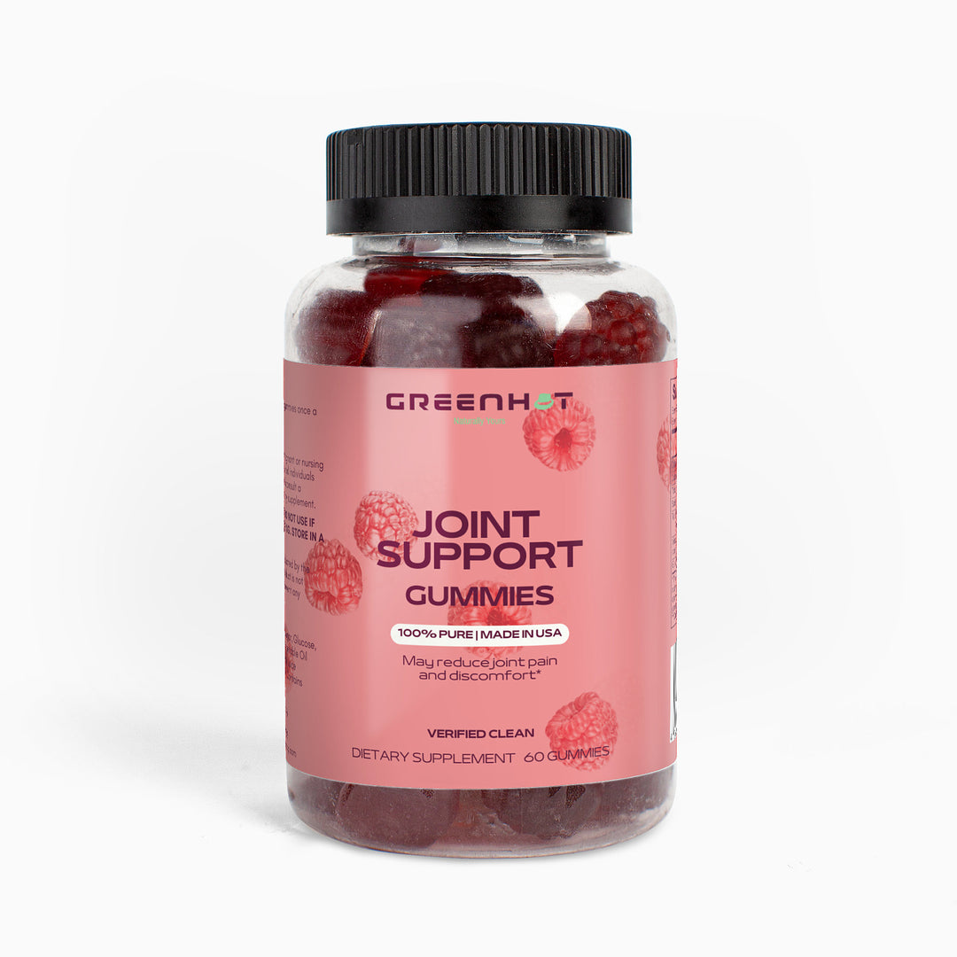 A bottle of GreenHat Joint Support Gummies (Adult) with a raspberry-themed label contains 60 gummies, is made in the USA, and infused with glucosamine to help reduce joint pain and prevent cartilage breakdown.