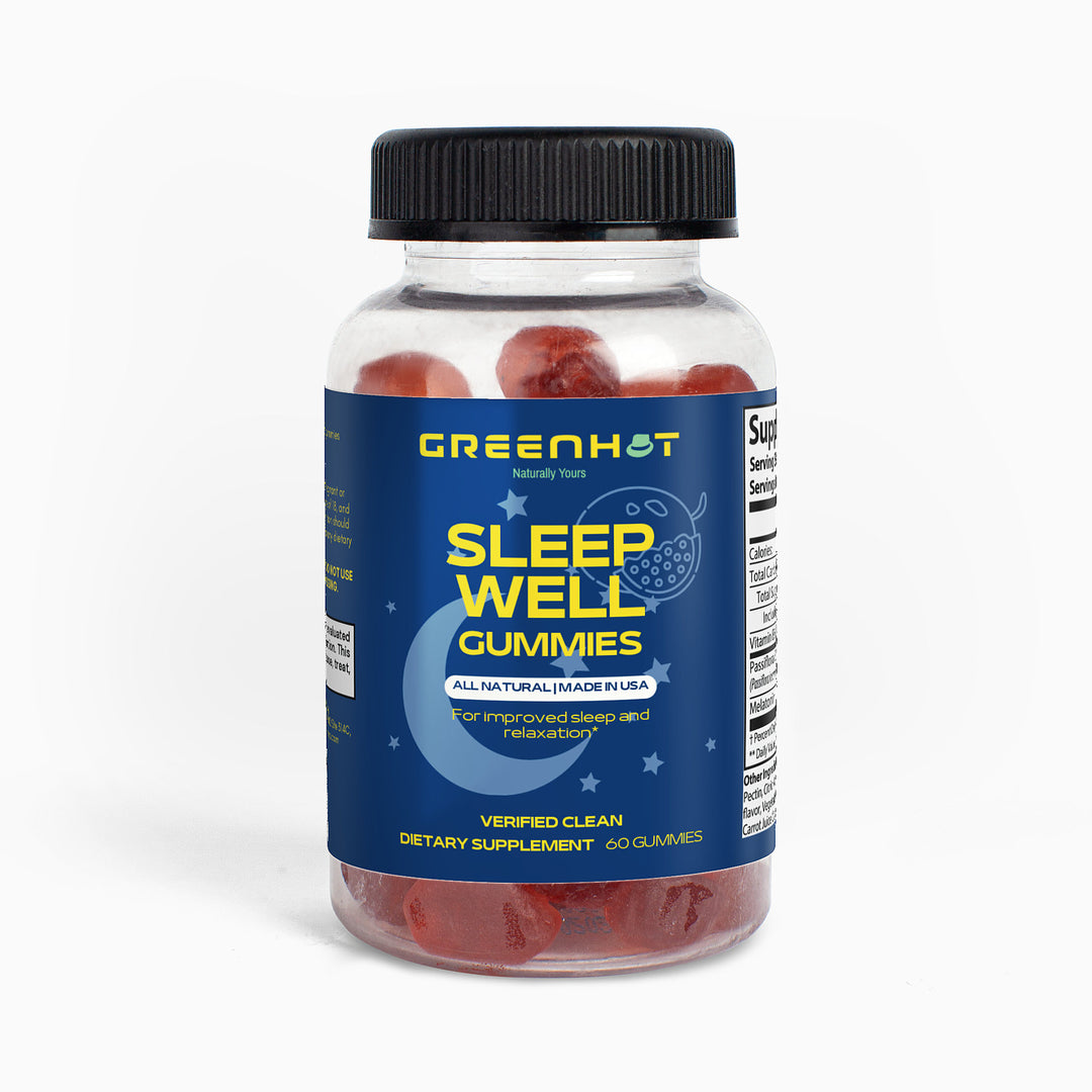 GreenHat's Sleep Well Gummies (Adult) come in a blue-labeled bottle decorated with moons and stars, containing 60 all-natural gummies designed to enhance sleep and relaxation.