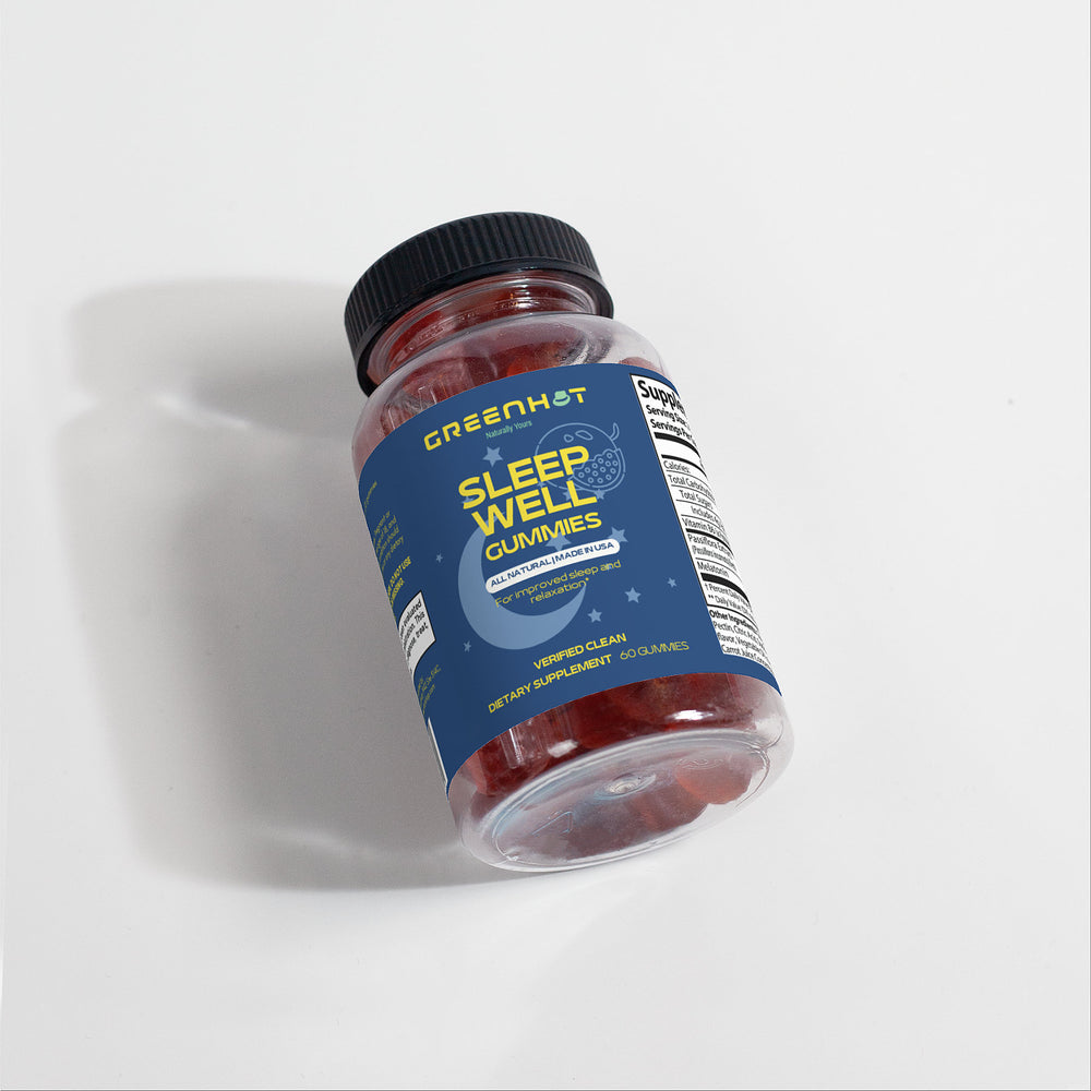 A bottle of GreenHat's Sleep Well Gummies (Adult) with melatonin and sleep-enhancing ingredients lies on its side. The label indicates 60 gummies, verified clean, offering a natural sleep aid choice.
