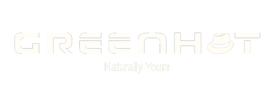 Logo of "greenhot" in white block letters with an icon of a hat above the letter 'o' and the slogan "naturally yours" underneath, all on a dark green background.