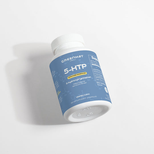 A bottle of GreenHat 5-HTP - Double Pack dietary supplement capsules, featuring 100 mg per capsule and containing 90 capsules per bottle, promises mood elevation and acts as a serotonin enhancer. The product is showcased on a plain white background.