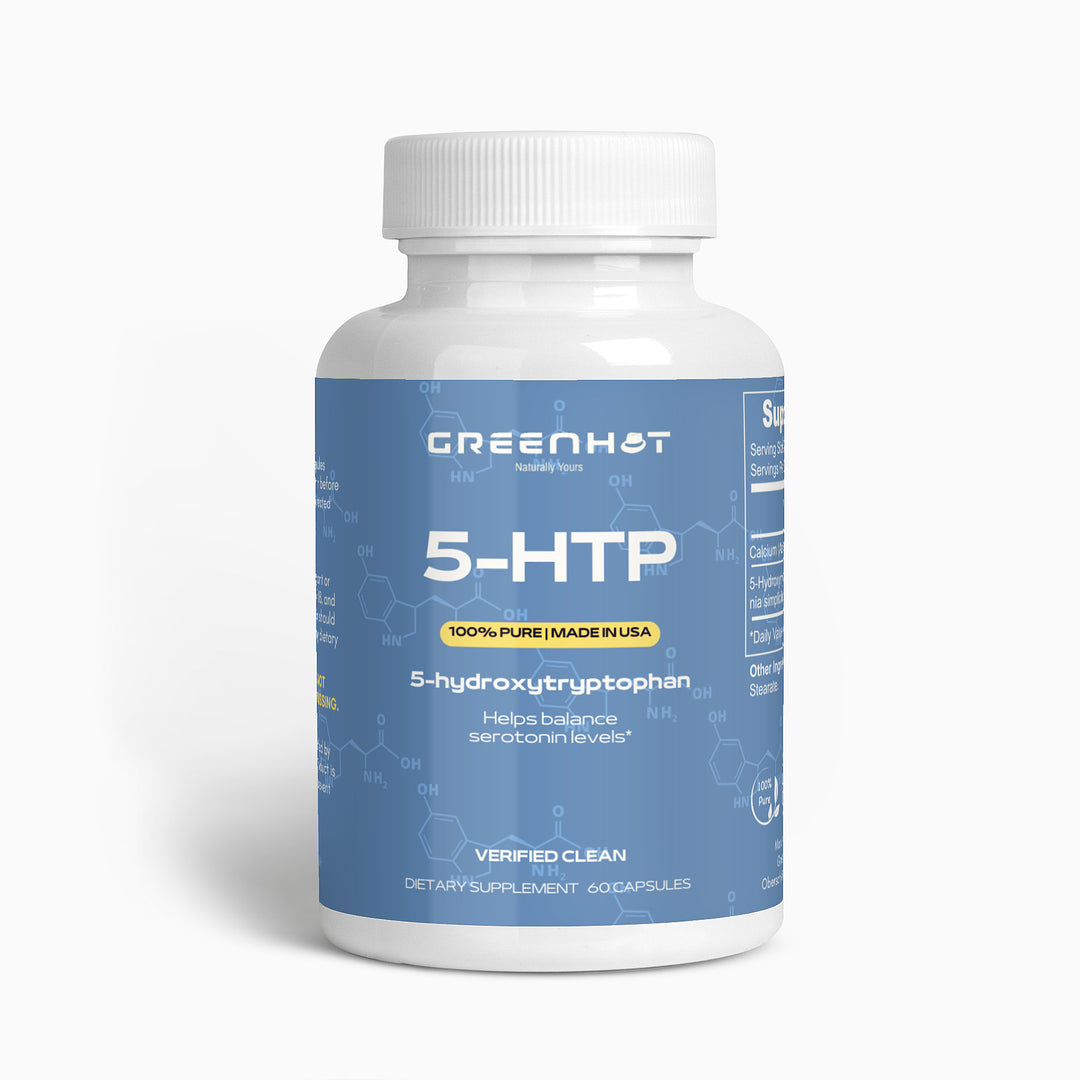 A white bottle of GreenHat 5-HTP - Serotonin Enhancer dietary supplement with a blue label, containing 90 capsules, marketed for mood enhancement and to help balance serotonin levels. The label indicates it is made in the USA and verified clean.