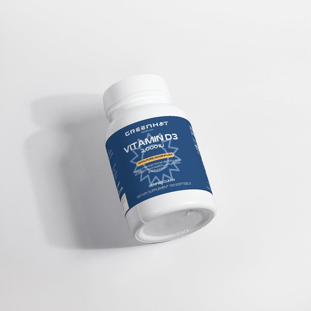 A bottle of GreenHat Vitamin D3 - Strengthen Your Foundation supplements with 2000 IU potency, ideal for bone development and energy levels. The bottle's label is primarily blue and contains 365 softgels.