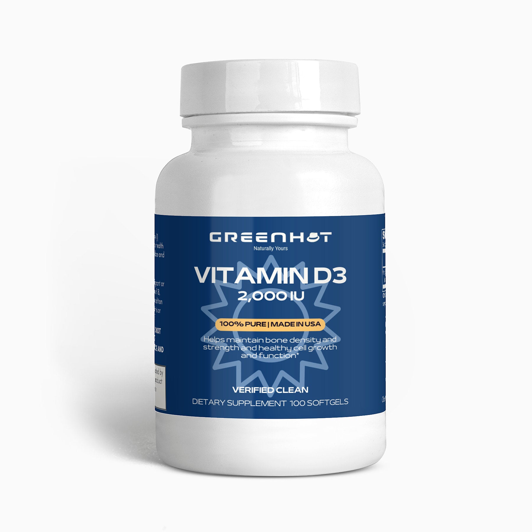 A white bottle labeled "GreenHat Vitamin D3 - Strengthen Your Foundation" containing 100 softgels made in the USA. The bottle claims to support bone health, growth, and function while also aiding energy levels and overall bone development.