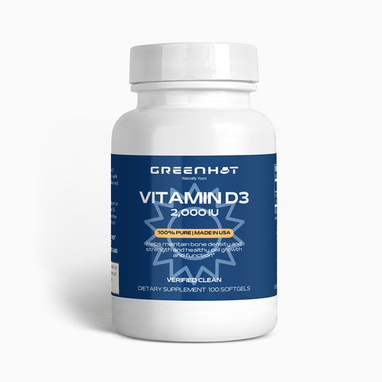 A white bottle labeled "GreenHat Vitamin D3 - Strengthen Your Foundation" containing 100 softgels made in the USA. The bottle claims to support bone health, growth, and function while also aiding energy levels and overall bone development.