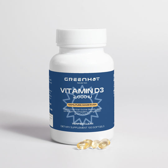 A white bottle labeled "Vitamin D3 - Strengthen Your Foundation" with the brand name "GreenHat" stands upright against a plain background, with several softgel capsules in front of it. Perfect for supporting bone development and maintaining energy levels.