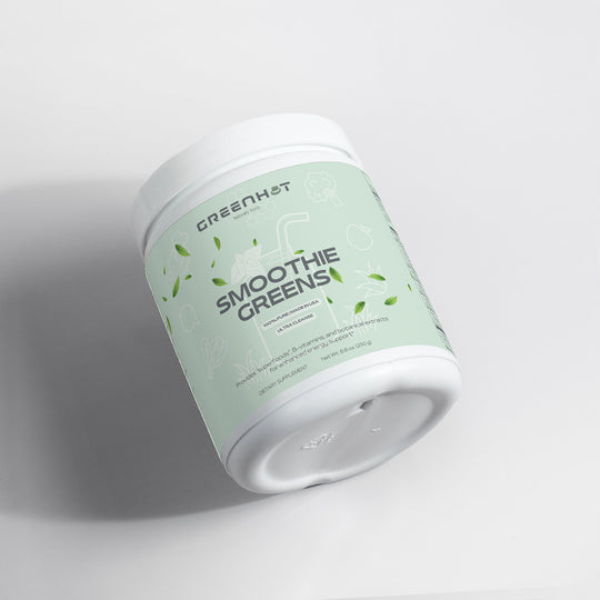 A white container of GreenHat Ultra Clean Smoothie Greens - Natures Best powder, infused with spirulina, laying on its side. The label is light green with text and small leaf graphics.