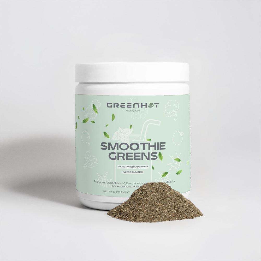 A container labeled "Ultra Clean Smoothie Greens - Natures Best" by GreenHat alongside a small pile of brown powder. The label mentions natural ingredients including Spirulina and ultra cleanse properties.