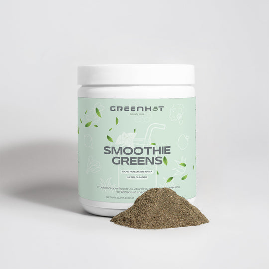 A container labeled "Ultra Clean Smoothie Greens - Natures Best" by GreenHat alongside a small pile of brown powder. The label mentions natural ingredients including Spirulina and ultra cleanse properties.