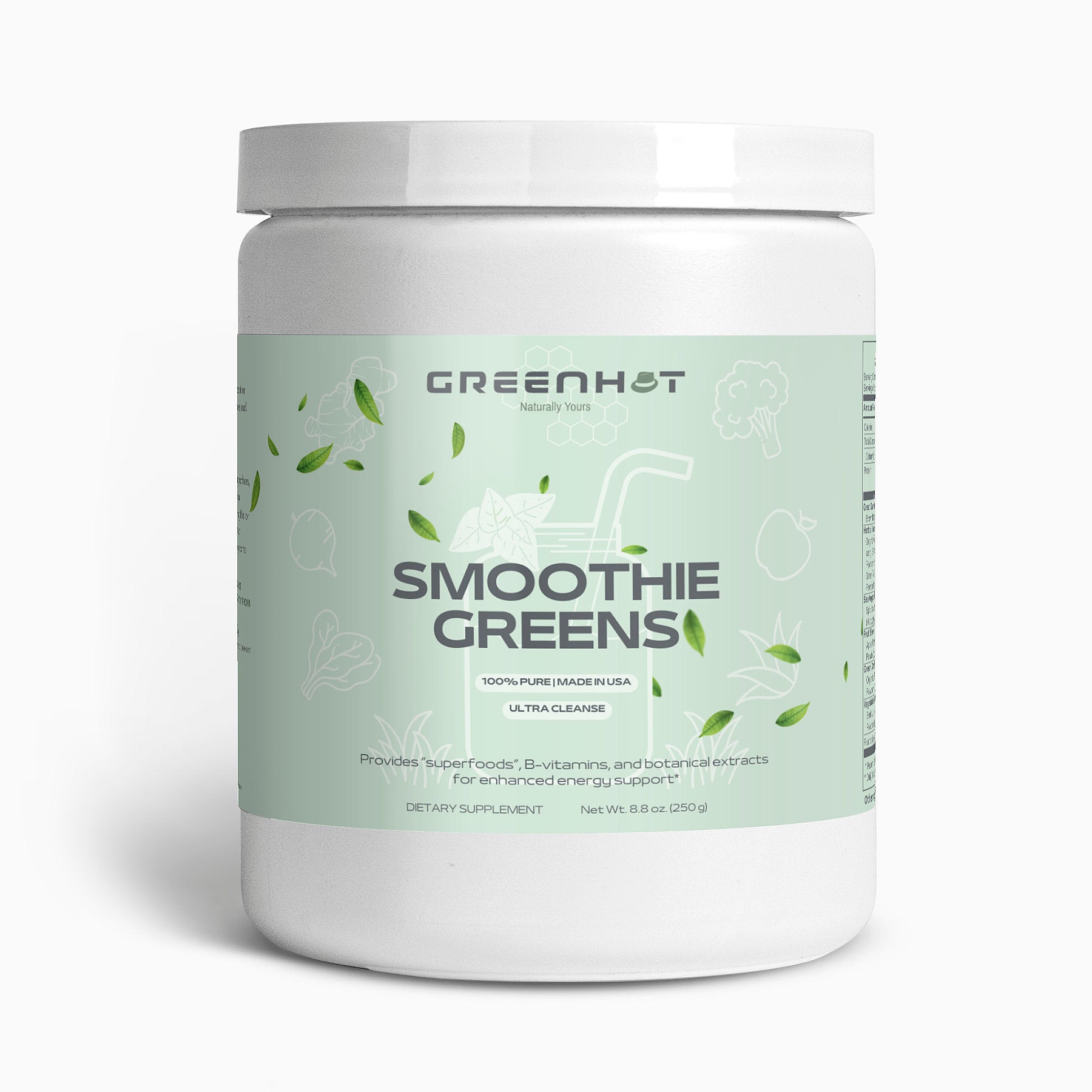 A white container labeled "Ultra Clean Smoothie Greens - Natures Best" with images of leaves, beetroot, and vegetables. The container states it is a dietary supplement made in the USA by GreenHat.