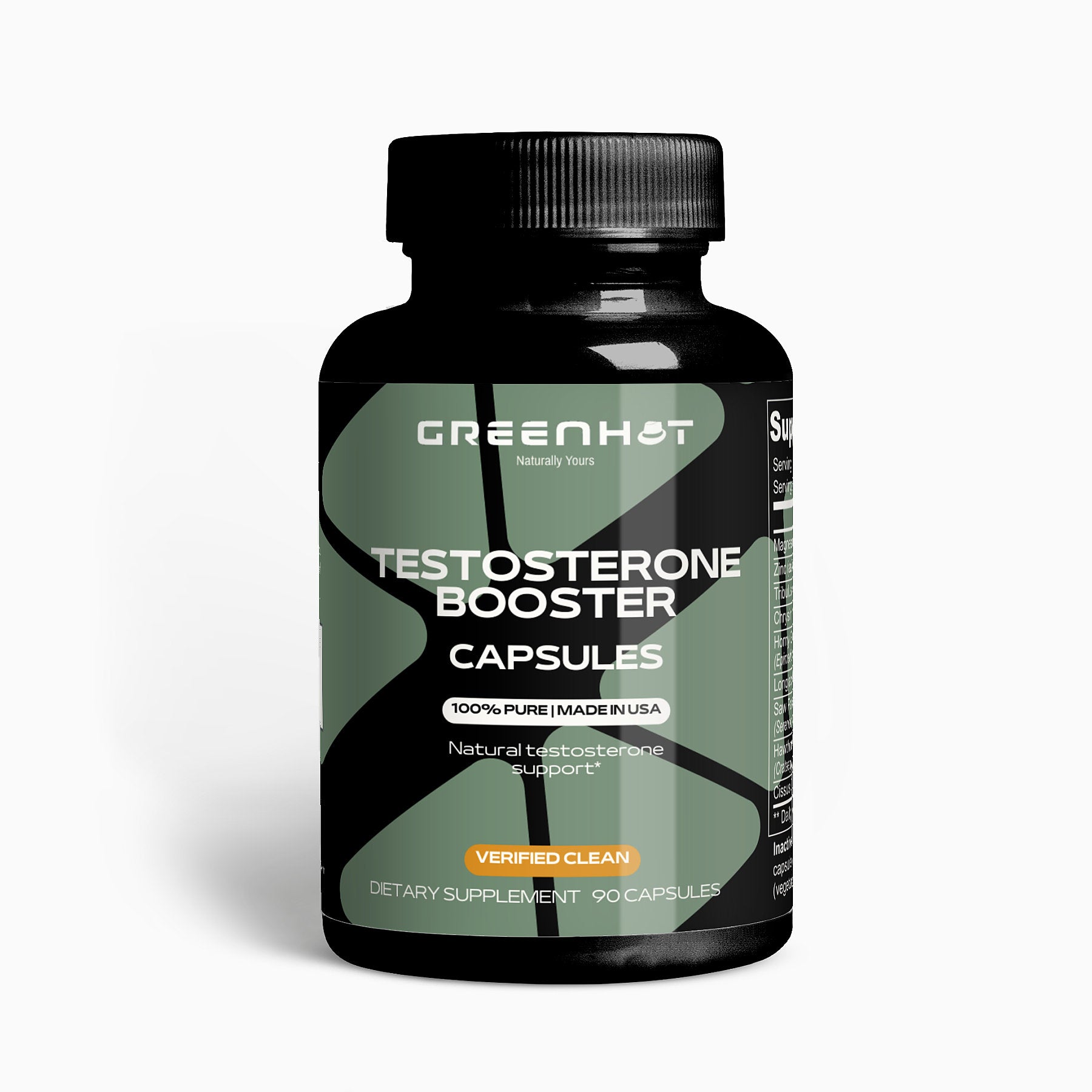 A black bottle labeled "GreenHat Testosterone Booster - Get The Most Out Of Yourself" with text indicating it is made in the USA, contains 90 capsules, supports natural testosterone with Tribulus Terrestris, and is verified clean.