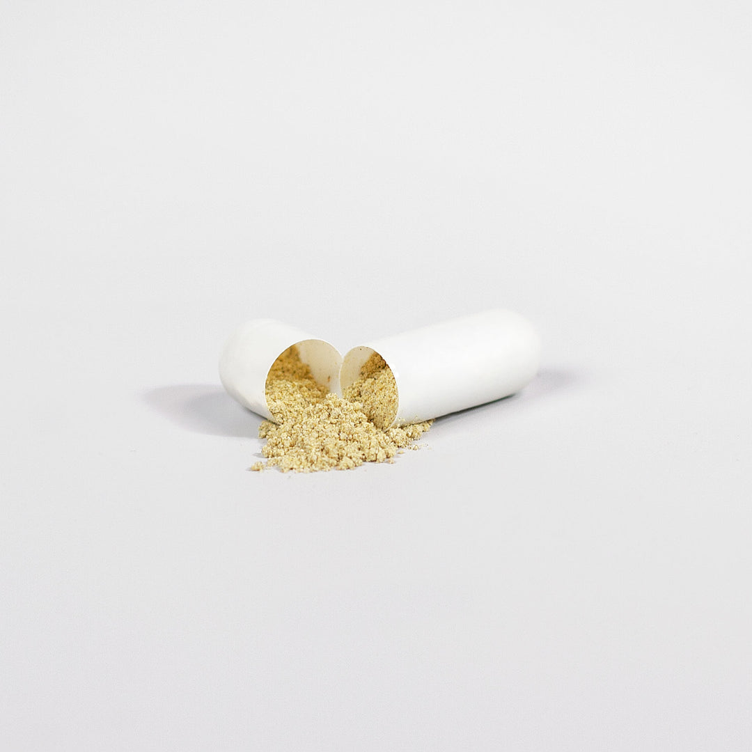 An open white capsule with beige powder, potentially Super Fat Burner with MCT by GreenHat, spilled out on a plain white background.