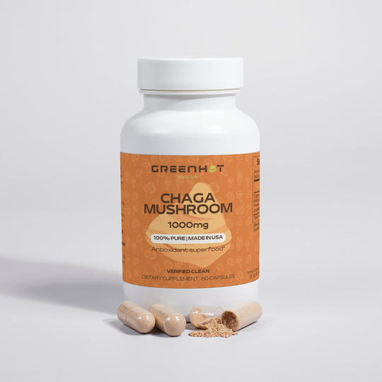 A bottle of GreenHat Chaga Mushroom - Natural Immunity dietary supplement with a 1000mg dosage. The label states "100% Pure", "Made in USA", and highlights its antioxidant properties as an immune-boosting superfood. Three capsules are shown next to the bottle.