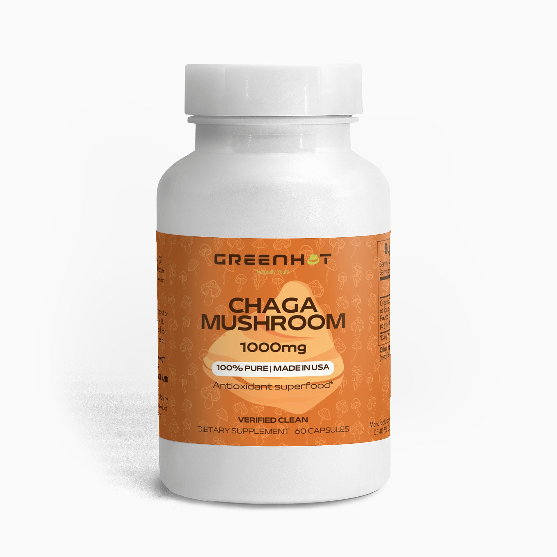 A white bottle with an orange label for GreenHat Chaga Mushroom - Natural Immunity, containing 60 capsules of 1000mg each, described as 100% pure and made in the USA. The label highlights it as an immune-boosting antioxidant superfood.