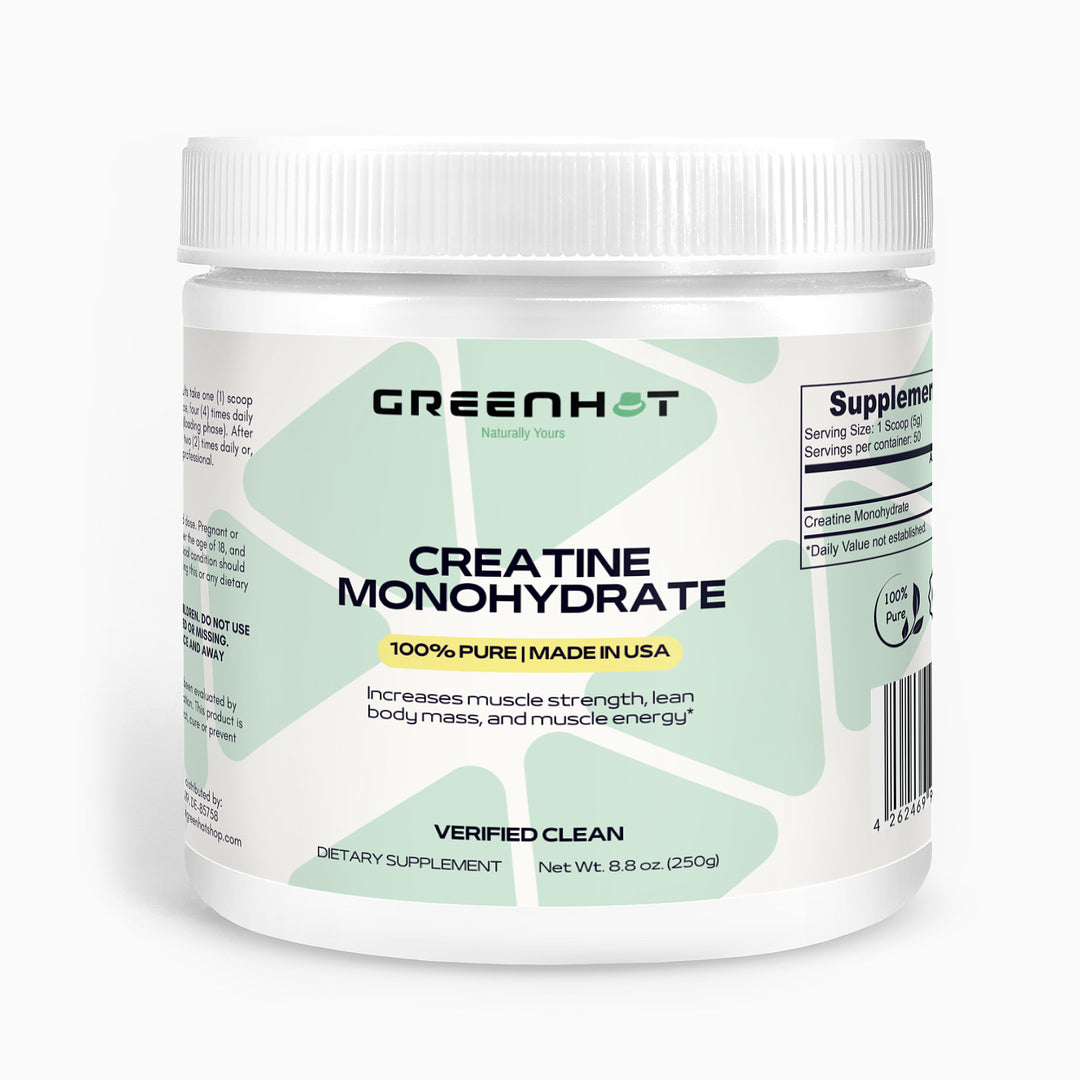 A container of GreenHat Creatine Monohydrate - Enhance Strength & Performance dietary supplement, 8.8 oz (250g). The label highlights 100% purity, USA-made, and benefits for muscle strength, lean body mass, and muscle energy. It's designed to boost athletic performance by enhancing muscle protein synthesis and overall workout efficiency.