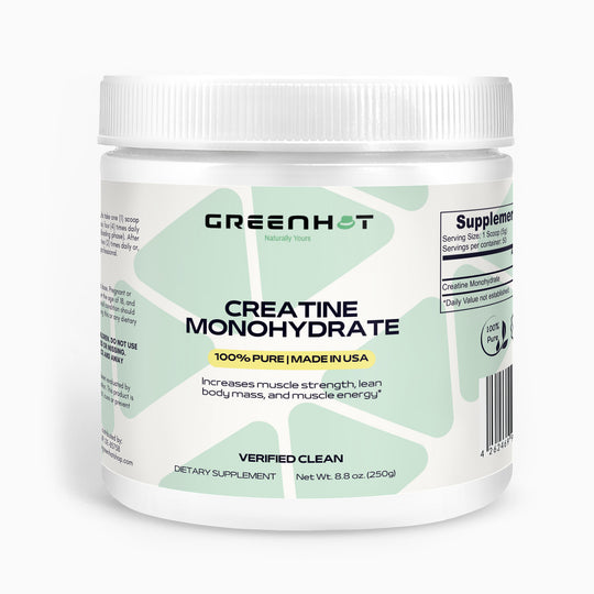 A container of GreenHat Creatine Monohydrate - Enhance Strength & Performance dietary supplement, 8.8 oz (250g). The label highlights 100% purity, USA-made, and benefits for muscle strength, lean body mass, and muscle energy. It's designed to boost athletic performance by enhancing muscle protein synthesis and overall workout efficiency.