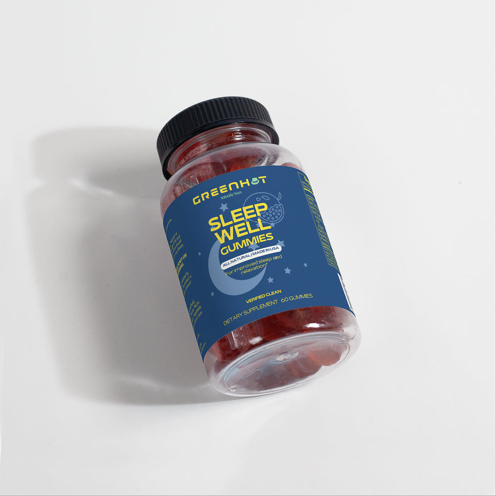 A plastic bottle labeled "GreenHat Sleep Well Gummies (Adult)," containing red gummies made with sleep-enhancing ingredients, is shown against a plain white background.