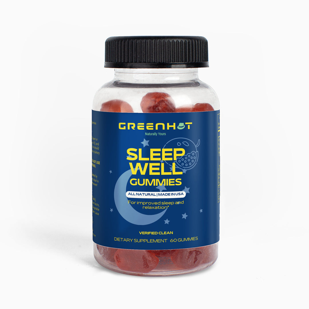 A clear plastic bottle with a black cap labeled "GreenHat Sleep Well Gummies (Adult)." The bottle contains red gummies, and the label claims they are an all-natural sleep aid, offering sleep-enhancing ingredients for improved relaxation and restful nights.