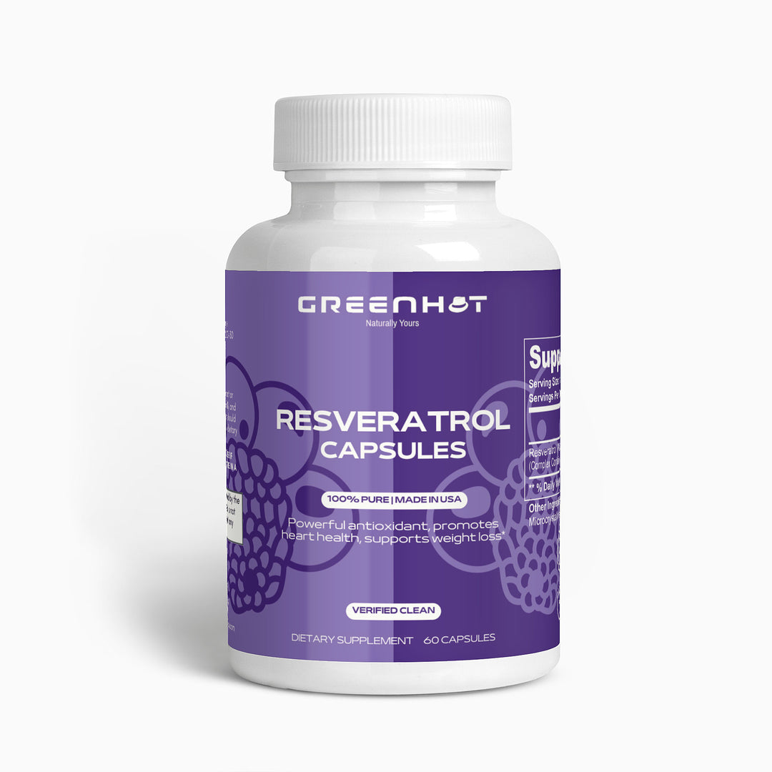 A bottle of GreenHat Resveratrol 50% 600mg - Antioxidant Powerhouse with a purple label. The bottle states it contains 60 capsules aimed at supporting heart health and weight loss. Highlighted for its antioxidant properties, the label also mentions it is made in the USA and verified clean.