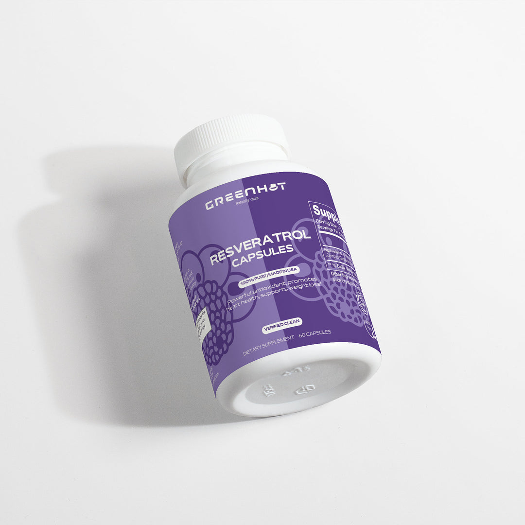 A white bottle with a purple label titled "Resveratrol 50% 600mg - Antioxidant Powerhouse" by GreenHat. The label indicates 60 capsules and mentions dietary supplement and antioxidant health benefits. The bottle is placed on a plain white background.