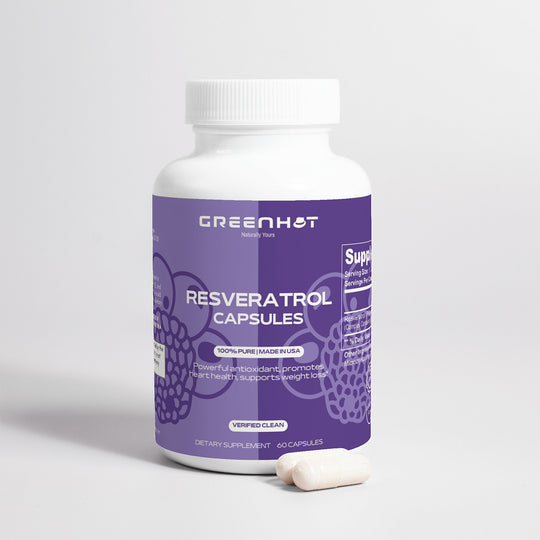 A bottle of GreenHat Resveratrol 50% 600mg - Antioxidant Powerhouse, with two capsules beside it. The label highlights health benefits including heart health and weight loss. Contains 60 antioxidant-rich capsules and is made in the USA.