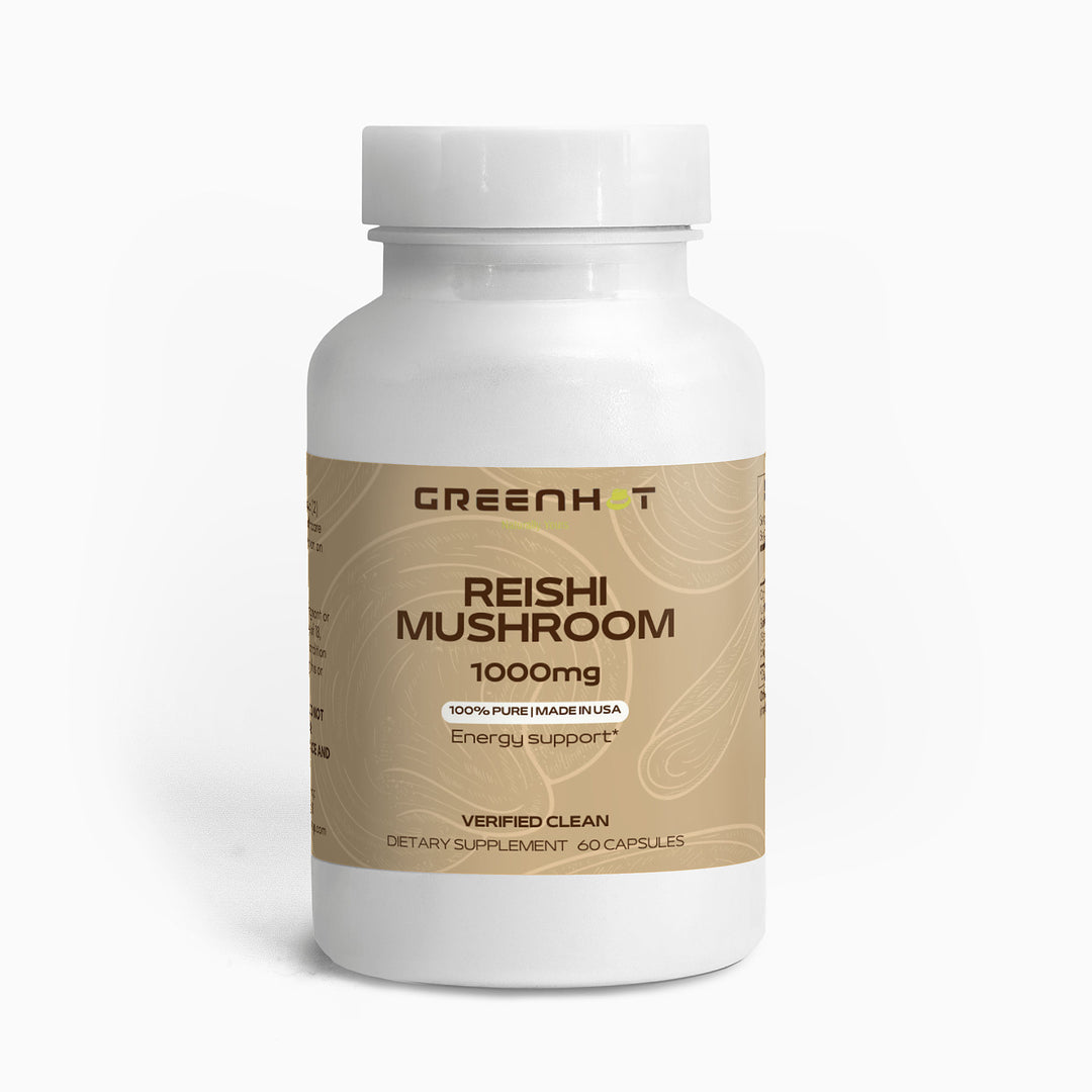 A white bottle labeled "GreenHat Reishi Mushroom - Adaptogenic Powerhouse" containing 60 capsules, claims to be 100% pure, made in the USA, supporting energy with adaptogenic benefits and verified clean.