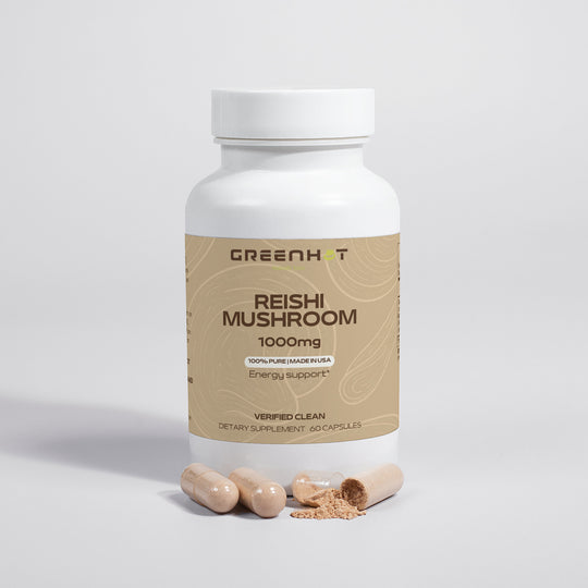 A bottle labeled "GreenHat Reishi Mushroom - Adaptogenic Powerhouse," known for its adaptogenic benefits, with three open capsules spilling powder. It contains 60 capsules and is placed against a plain background.