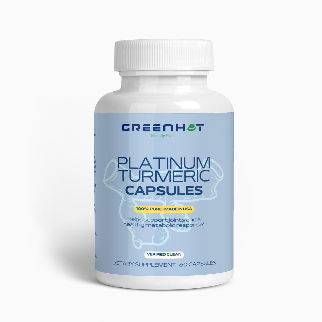 A bottle of GreenHat Platinum Turmeric - Immunity Accelerator with 60 capsules, labeled to support joints and a healthy metabolic response. This turmeric supplement not only aids in joint pain relief but also promotes digestive health. The bottle indicates it is made in the USA and verified clean.