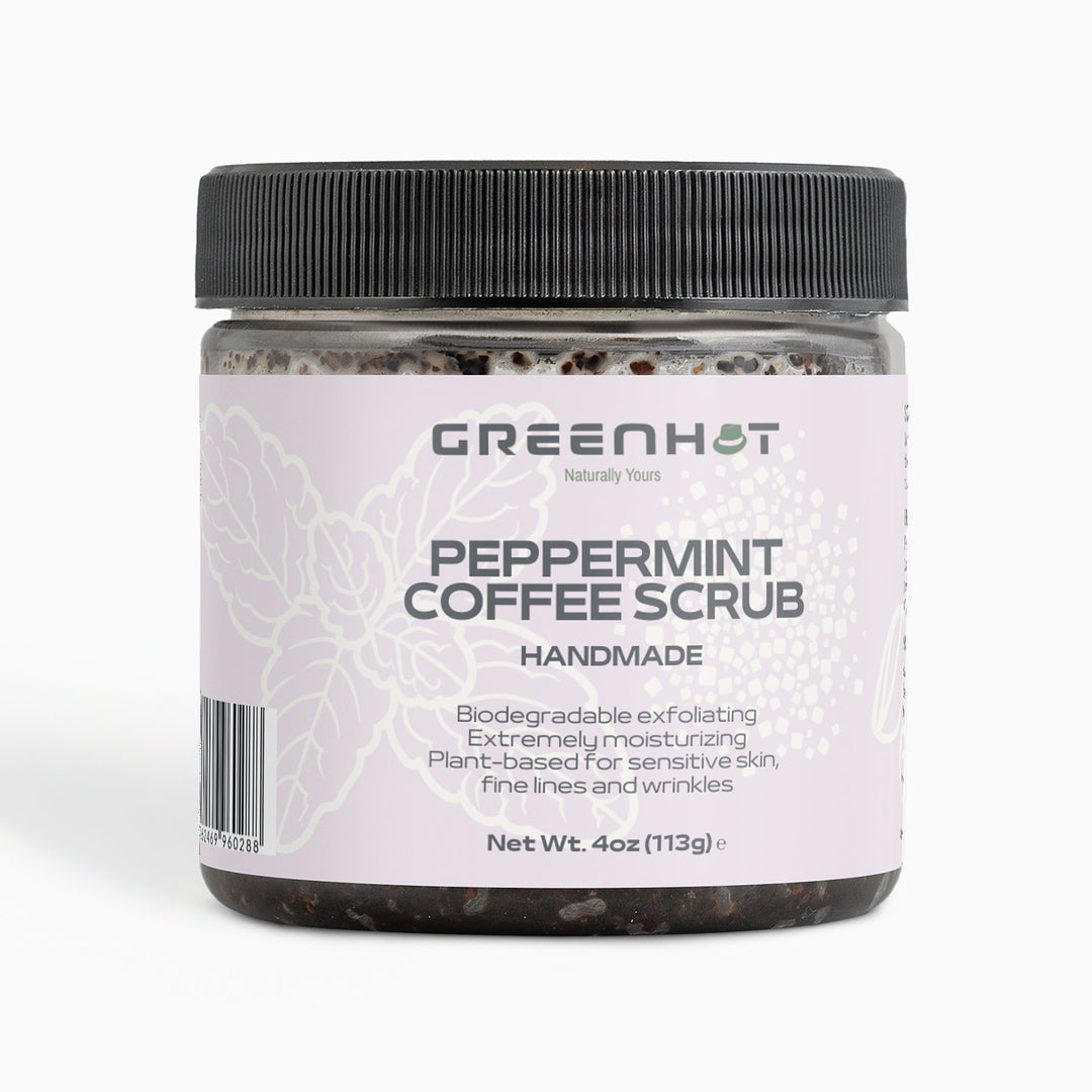 A jar of GreenHat Peppermint Coffee Scrub. The label states it is biodegradable, moisturizing, and plant-based for sensitive skin. It offers effective exfoliation with antioxidant-rich coffee and weighs 4 oz (113g).