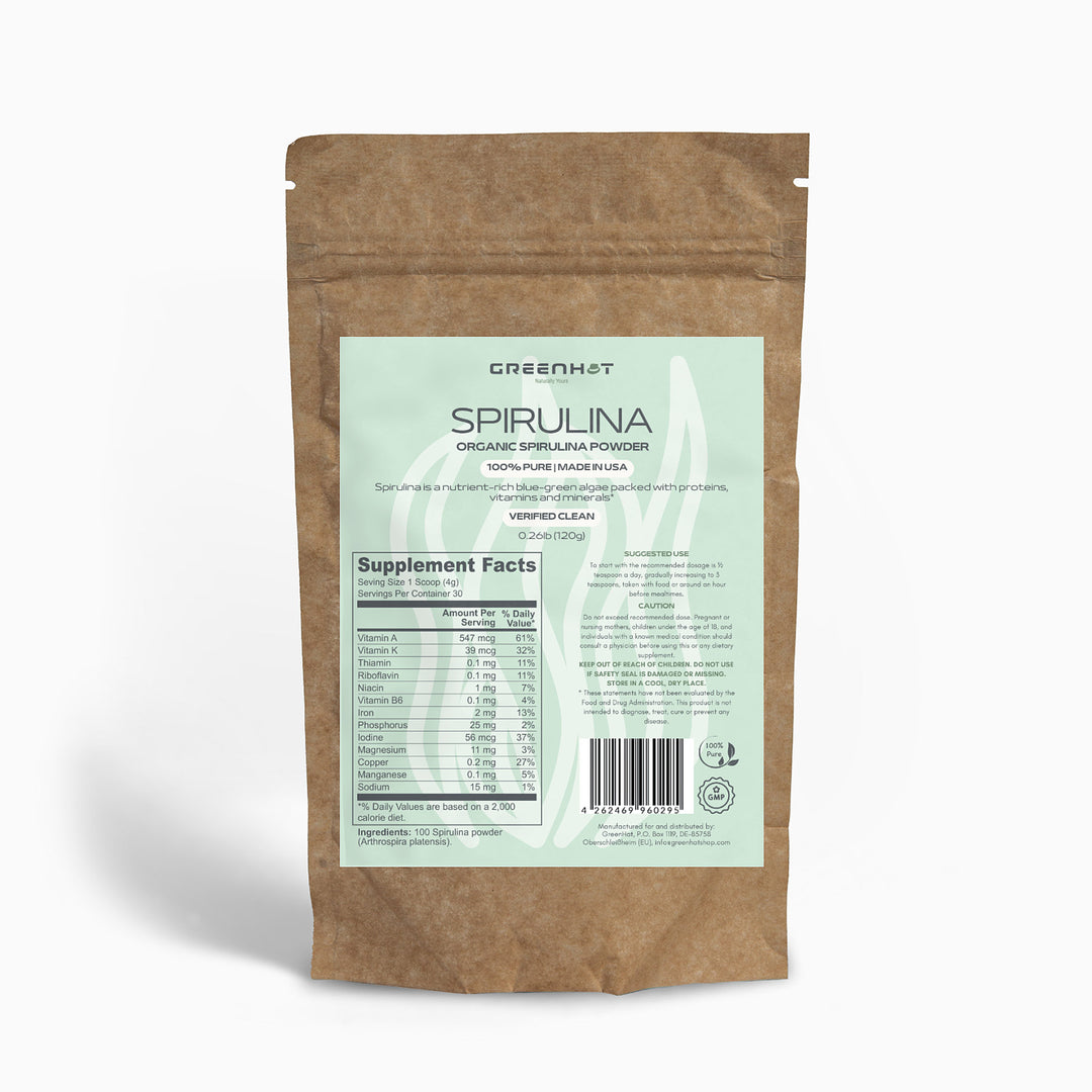 A brown paper package labeled "GreenHat Organic Spirulina Powder - Ocean's Best" with nutritional information and supplement facts on the back, highlighting its high protein and dense nutrient content.
