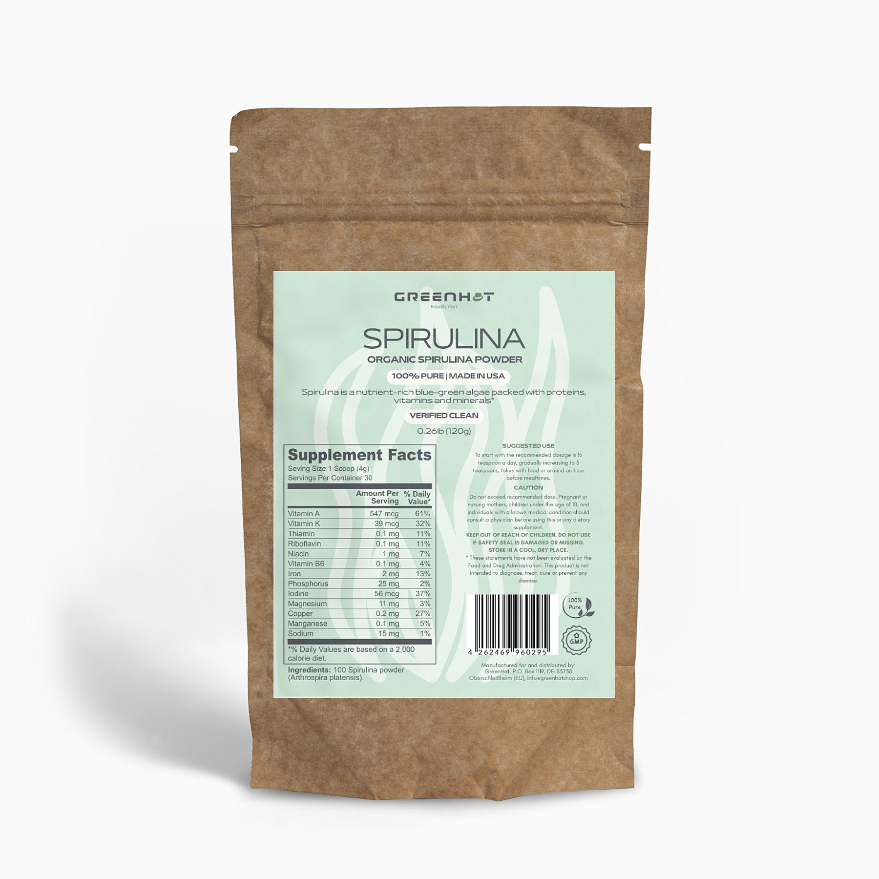 A brown paper package labeled "GreenHat Organic Spirulina Powder - Ocean's Best" with nutritional information and supplement facts on the back, highlighting its high protein and dense nutrient content.