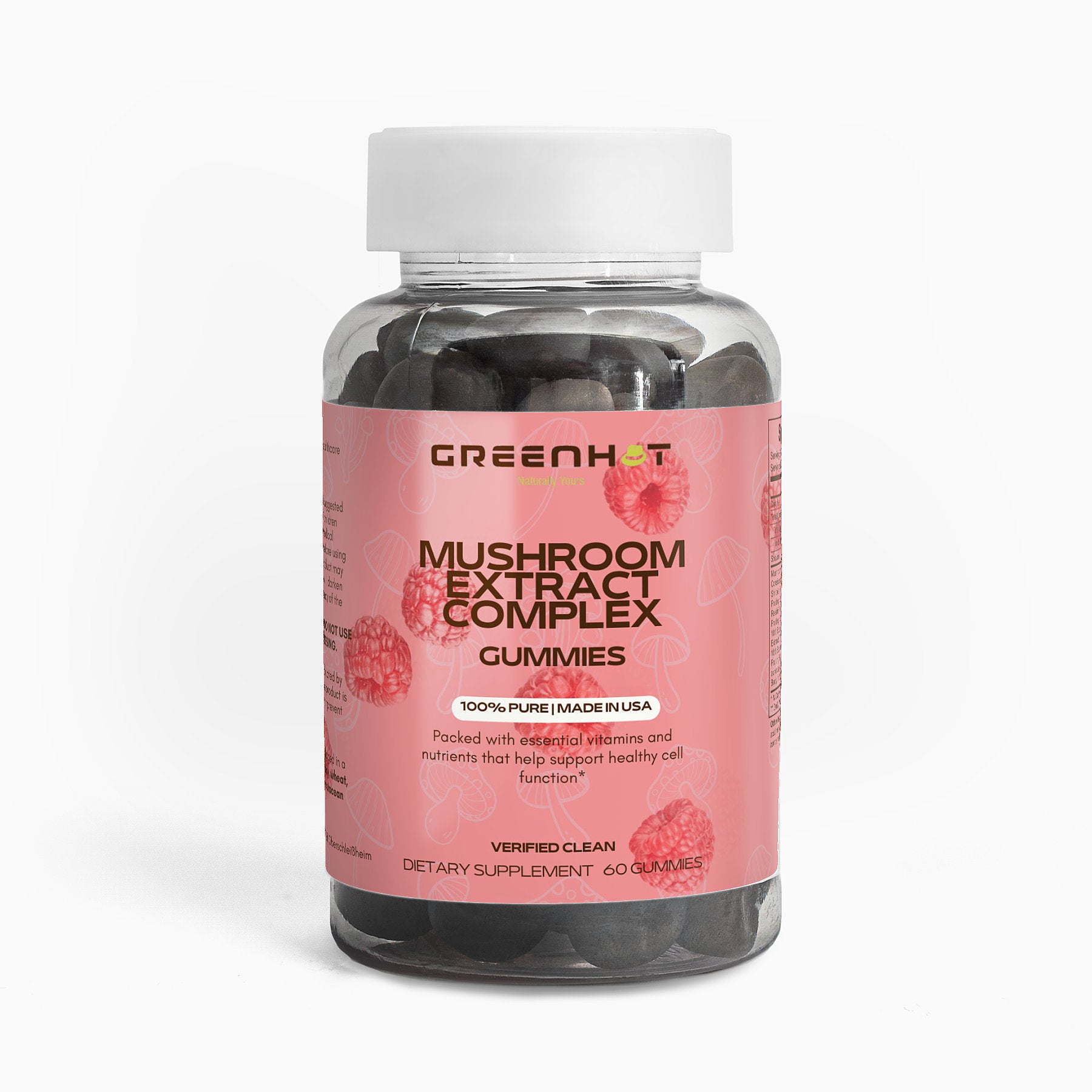 A bottle of GreenHat Mushroom Extract Complex Gummies with a pink label, containing 60 gummies designed to support healthy cell function and provide immunity boost, packed with essential vitamins and nutrients.