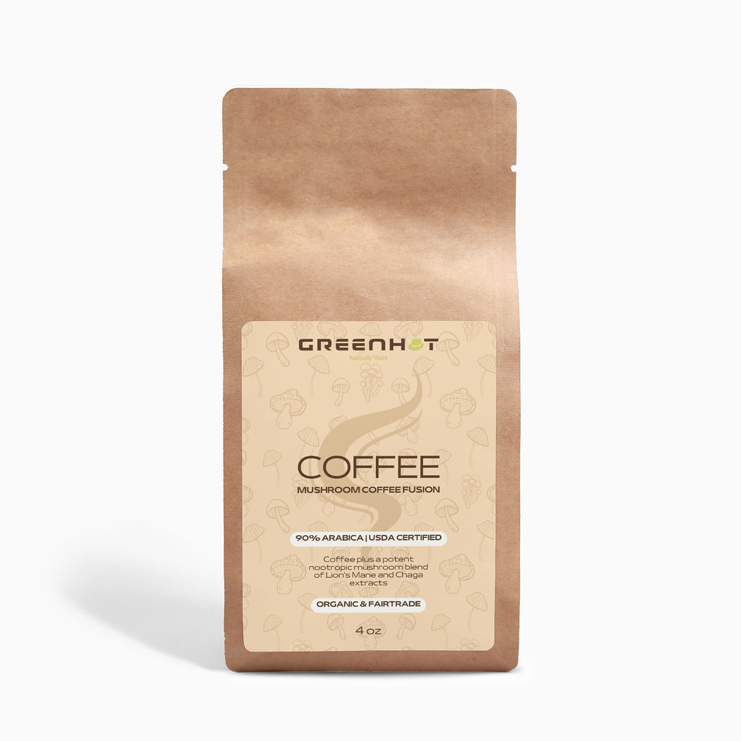 A brown paper package labeled "GreenHat Coffee - Mushroom Coffee Fusion - Lion’s Mane & Chaga 4oz" includes details like "90% Arabica, USDA Certified, Organic & Fair Trade, 4 oz." The bag features icons of Chaga and Lion's Mane mushrooms.