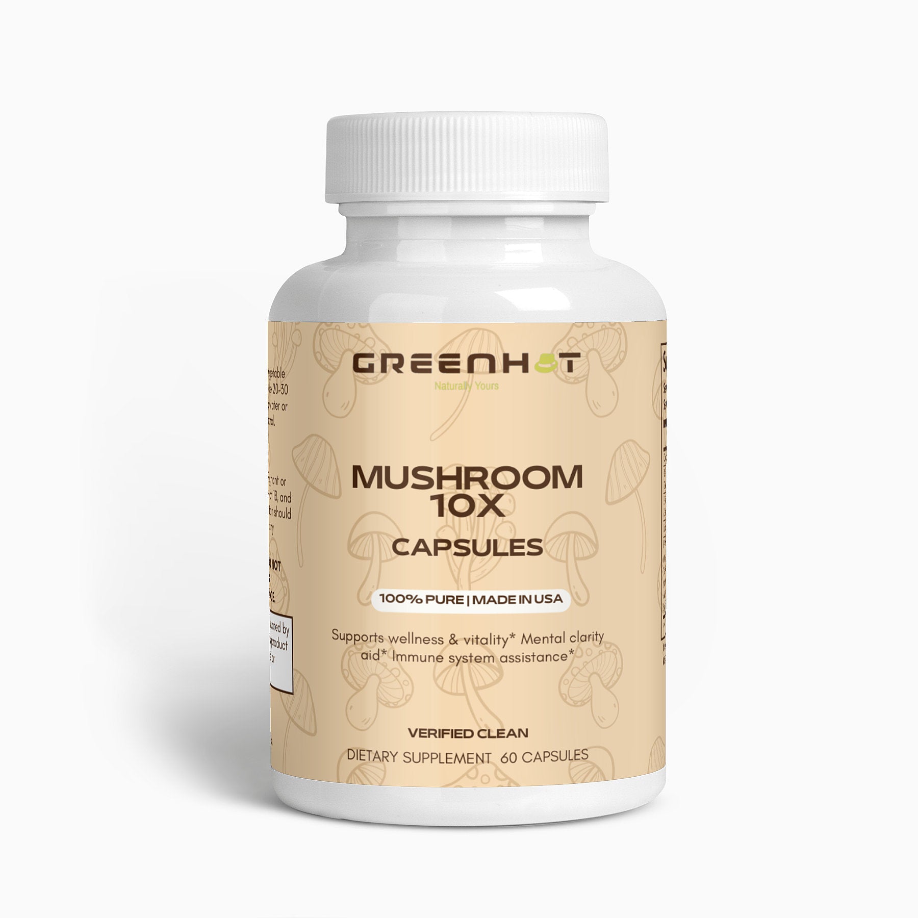 A white bottle labeled "Mushroom Complex 10 X - Natural Power" contains 60 dietary supplement capsules designed to support wellness, vitality, mental clarity, and immune system assistance. Made in the USA with premium medicinal mushrooms known for their adaptogenic properties by the brand GreenHat.