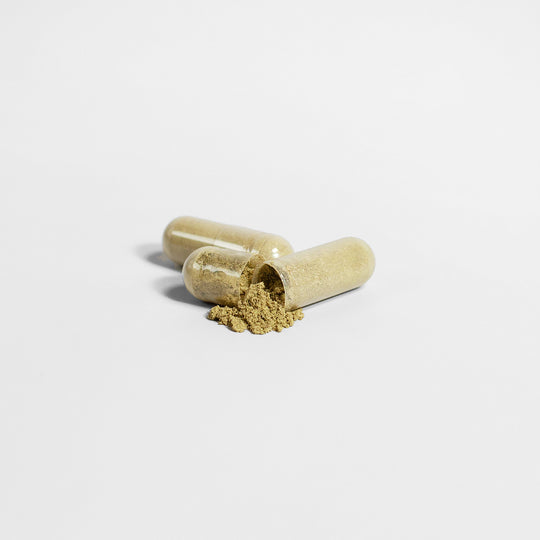 Two partially open capsules with light brown powder, rich in Moringa Pure - Enhance Cellular Health by GreenHat, spilling out isolated on a white background.