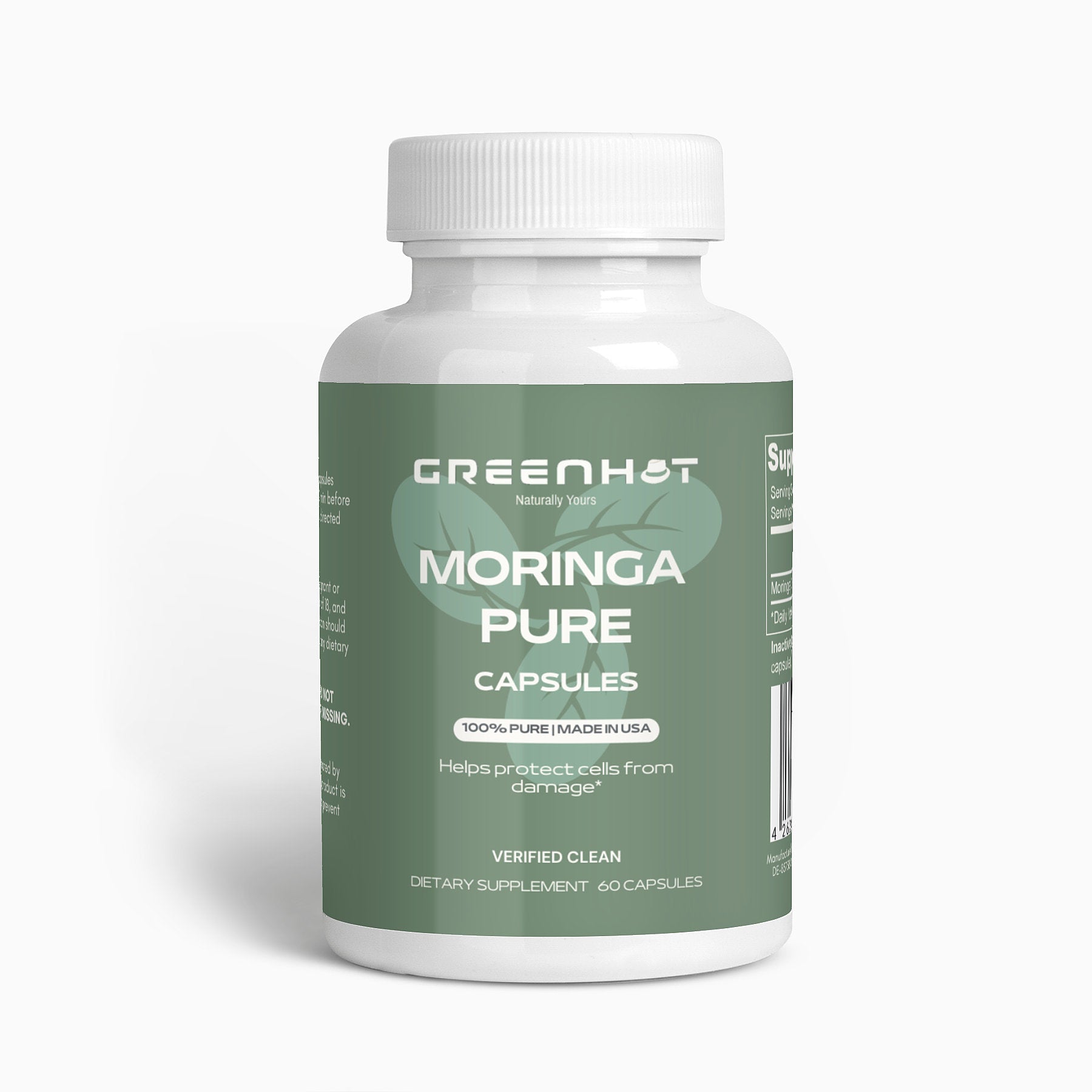 A bottle of GreenHat Moringa Pure - Enhance Cellular Health, labeled as 100% pure and made in the USA. The supplement, derived from the superfood Moringa Oleifera, is advertised to help protect cells from damage and contains 60 capsules.