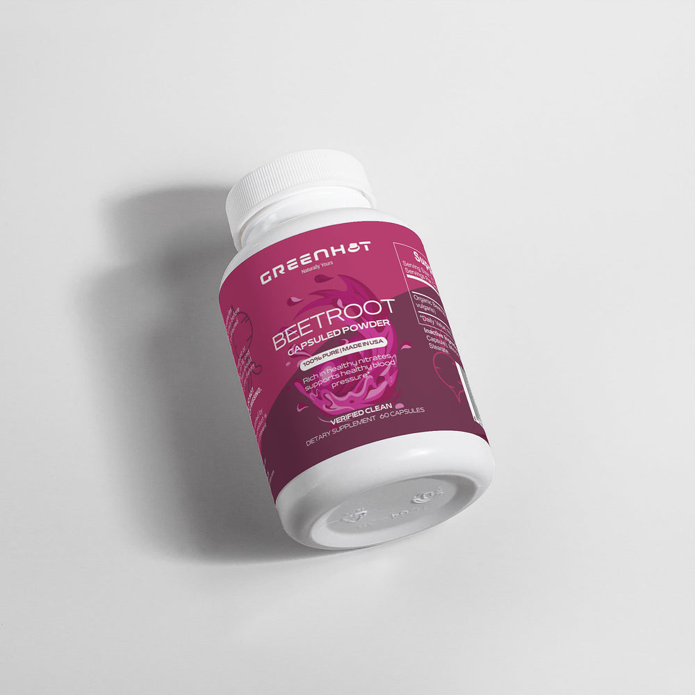 A bottle of GreenHat Beetroot - Natural Energy Booster, rich in antioxidants and promoting nitric oxide generation, featuring a maroon label with product details and a white cap, placed on a light gray surface.