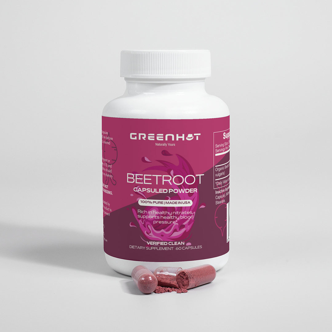 A white bottle labeled "GreenHat Beetroot - Natural Energy Booster" with 60 capsules. The bottle is open, revealing a few pink capsules and powder spilled beside it. Known for boosting antioxidants levels and aiding in nitric oxide generation, it's popular among those seeking a health boost.