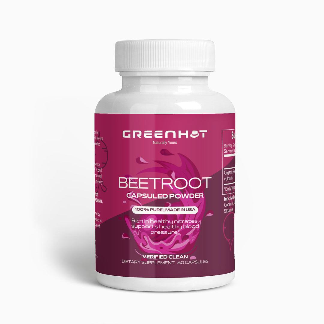 A bottle of GreenHat Beetroot - Natural Energy Booster dietary supplement, featuring a white cap and pink label, contains 60 capsules. The label highlights its health benefits, like supporting nitric oxide generation, and notes that it is made in the USA.