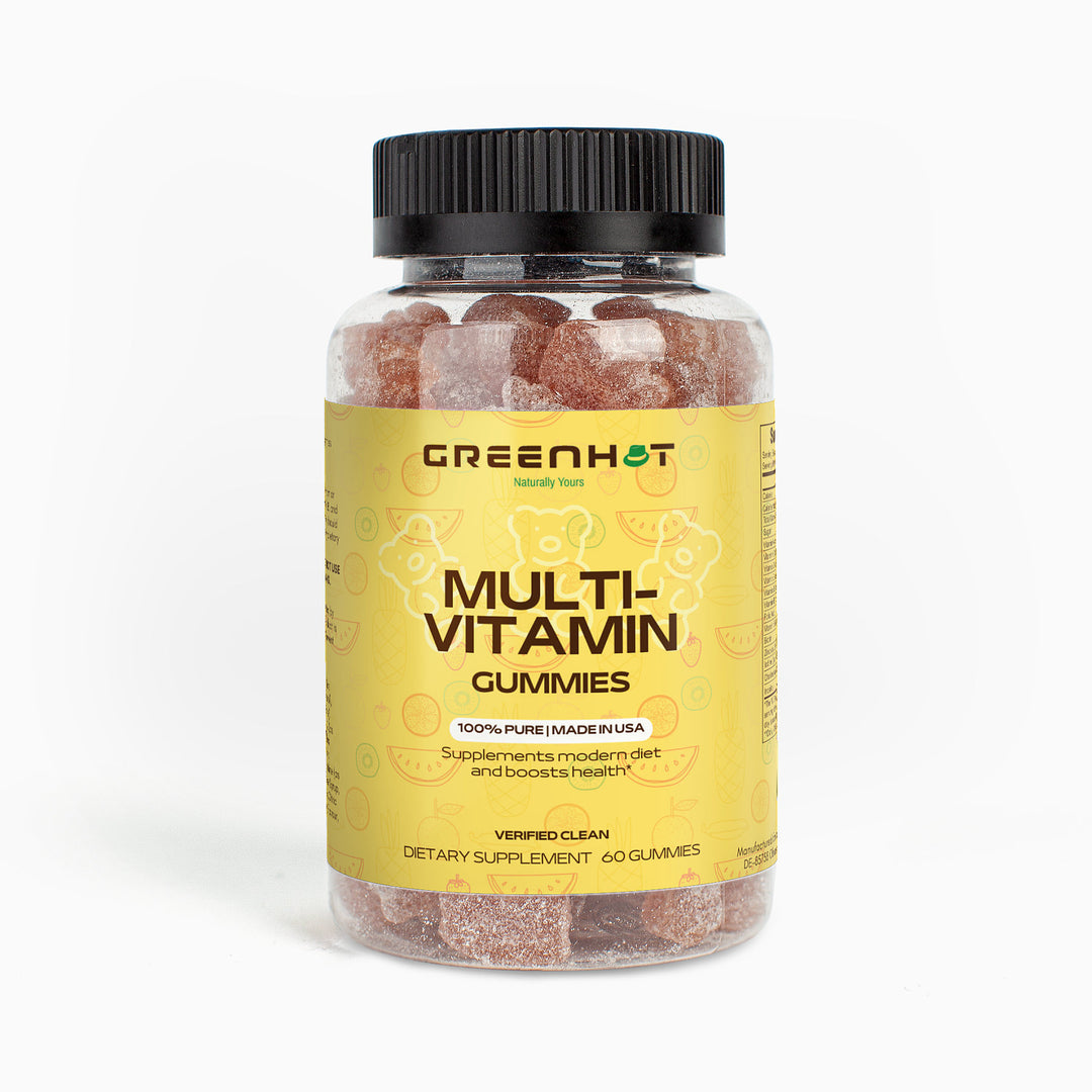 A clear bottle with a black cap contains red Multivitamin Bear Gummies. The yellow label reads "GreenHat Multivitamin Bear Gummies - Daily Nutritional Needs" and lists product details, including "100% Pure," "Made in USA," and "60 gummies." These essential nutrients support your immune system.