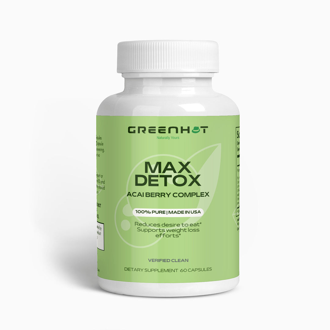 A bottle of GreenHat Max Detox (Acai detox) - Detoxifying Cleanse dietary supplement containing 60 capsules. The label highlights it reduces desire to eat, supports weight loss efforts, aids in detoxification, and is made in the USA.