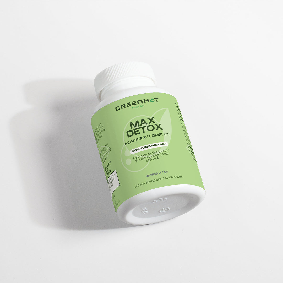 A white bottle labeled "GreenHat Max Detox (Acai detox) - Detoxifying Cleanse" with a green label is shown against a plain white background. The bottle, designed for an effective Acai detox, contains 60 capsules to help cleanse your body.