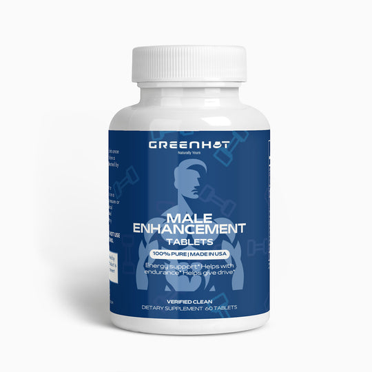 A bottle labeled "GreenHat Male Enhancement - Performance Booster," promoting energy, endurance, and drive. The white bottle with a blue label contains 60 performance booster tablets. Made in the USA.