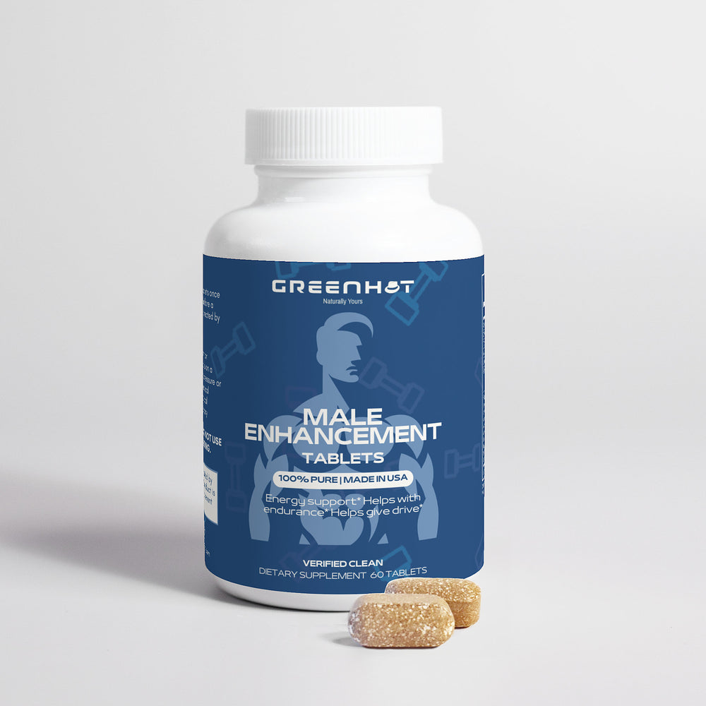 A bottle of GreenHat Male Enhancement - Performance Booster with two tablets in front. The label mentions benefits like endurance support and increased drive. This performance booster contains 60 dietary supplement tablets.